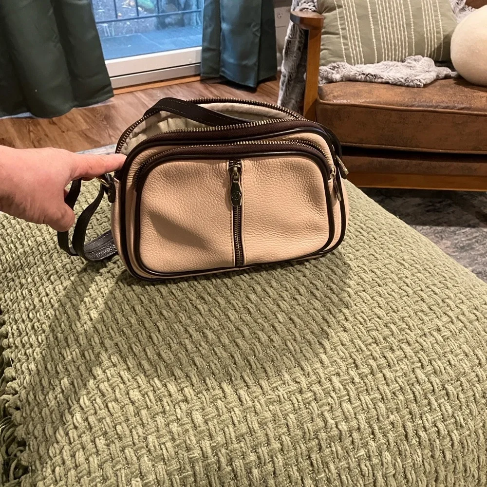 Valentina Genuine Leather Triple Zipper Crossbody Blush/Brown - Picture 5 of 9